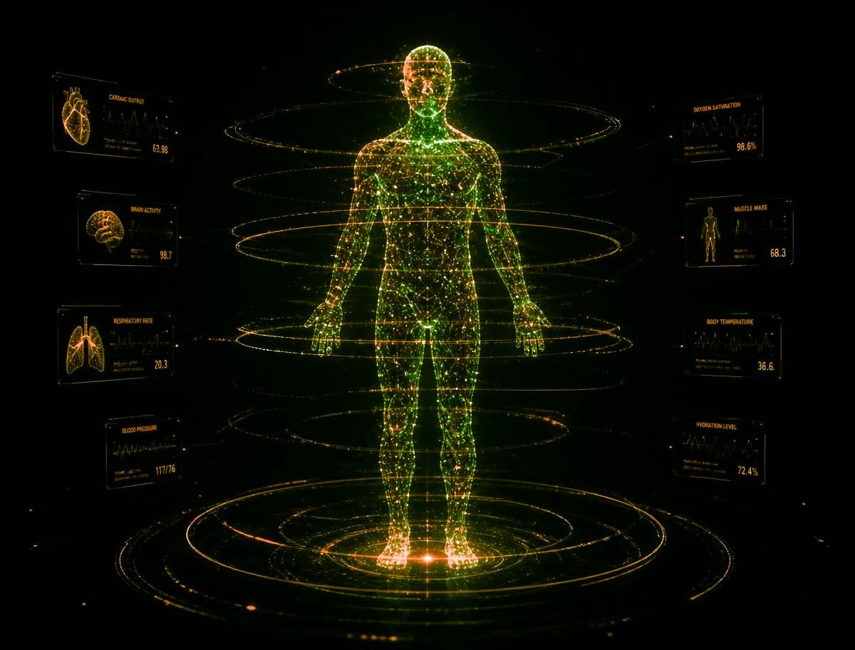 Digital human figure surrounded by health data rings